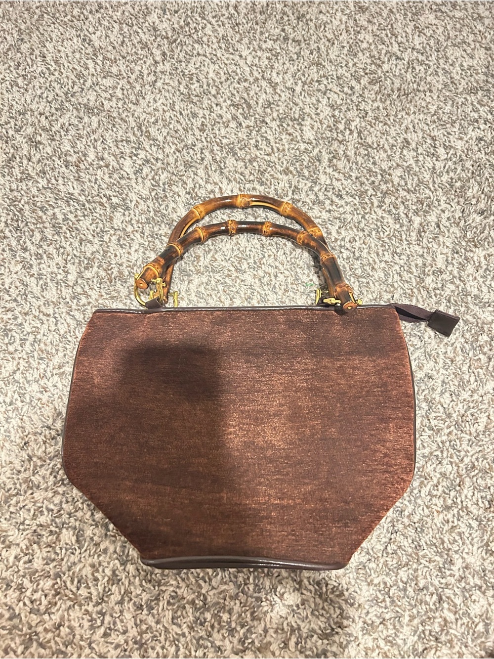 Brown Suede Handbag With Bamboo Handles